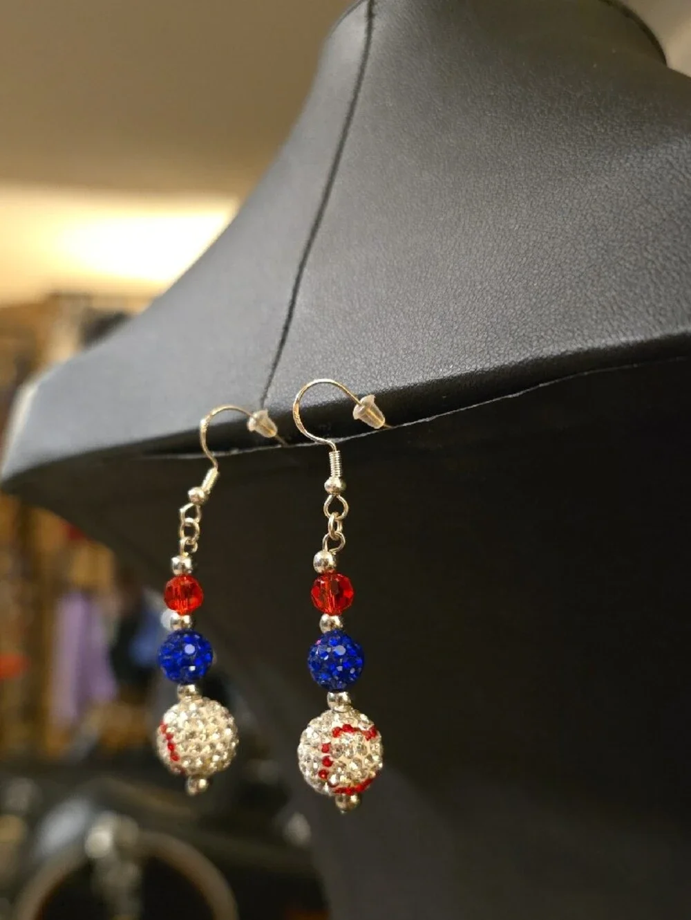 Patriotic Crystal Baseball Dangle Earrings - Red, Blue & Silver